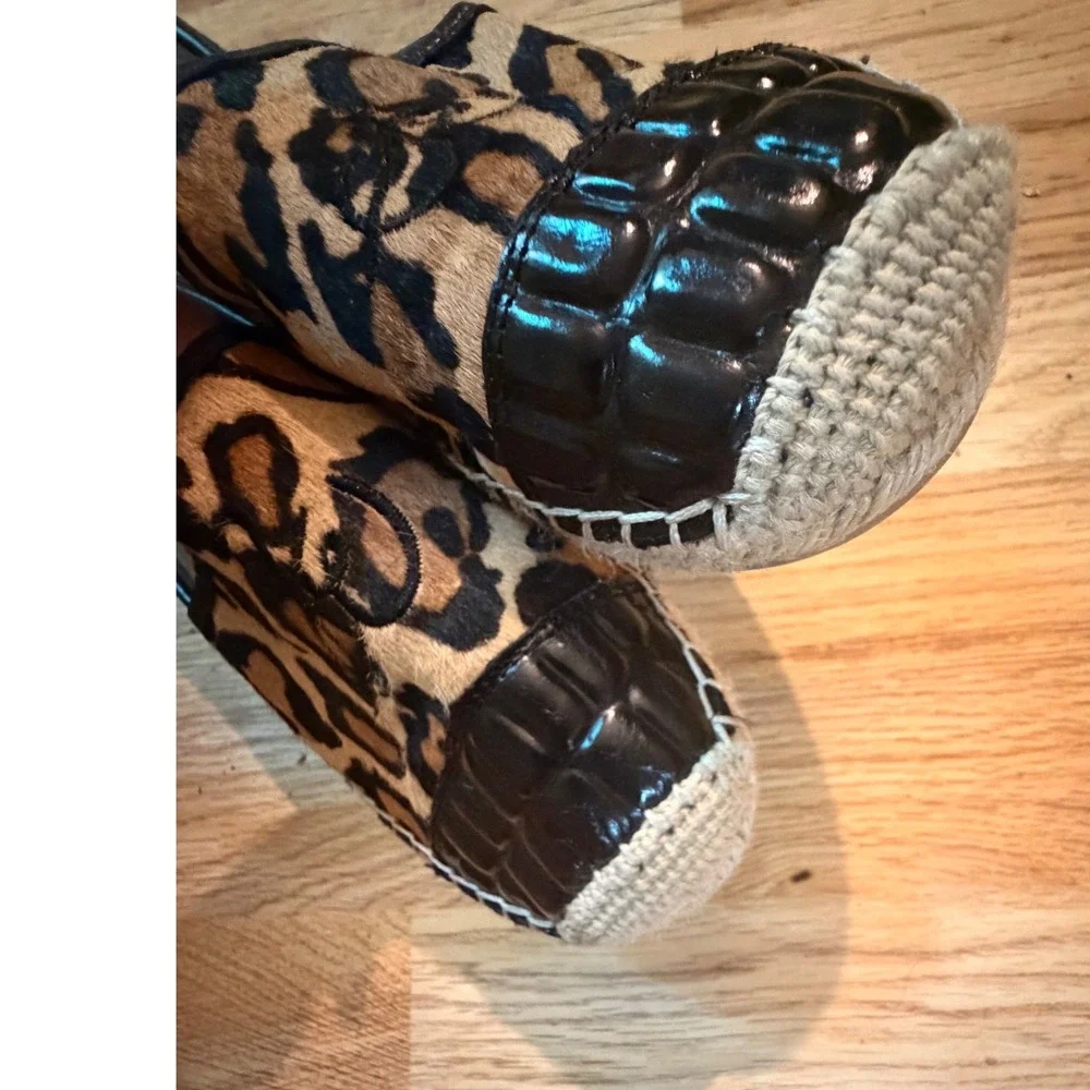Sam Edelman Lewis Leopard Calf Hair Espadrille Flats Black Croc Cap Toe 9.5M